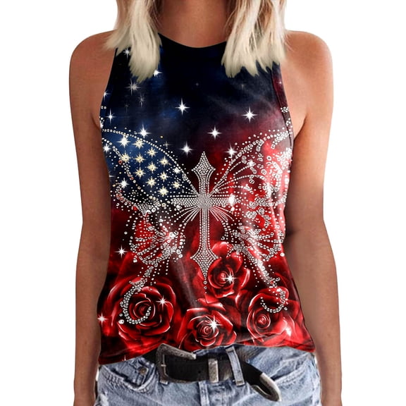 USA 250th Anniversary Graphic Tank Stars and Stripes Print Loose Fit Summer Red L