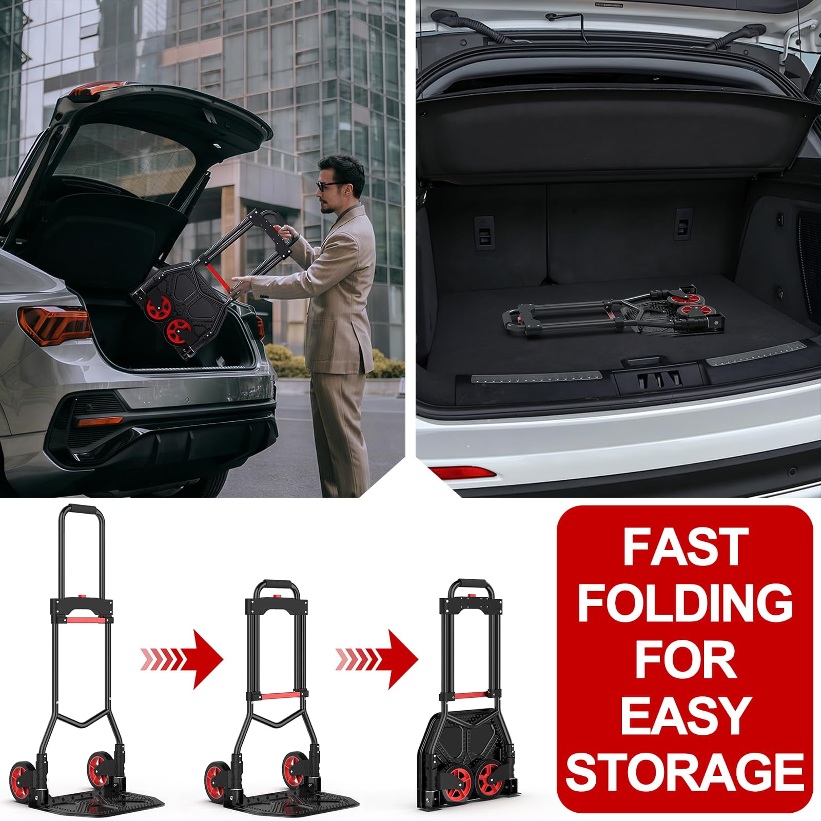 Yacona Heavy-Duty Folding Hand Truck, Foldable Dolly Cart with Wheels, 180 Lbs Capacity Steel Collapsible Luggage Cart, for Furniture Moving Travel Shopping Airport Office