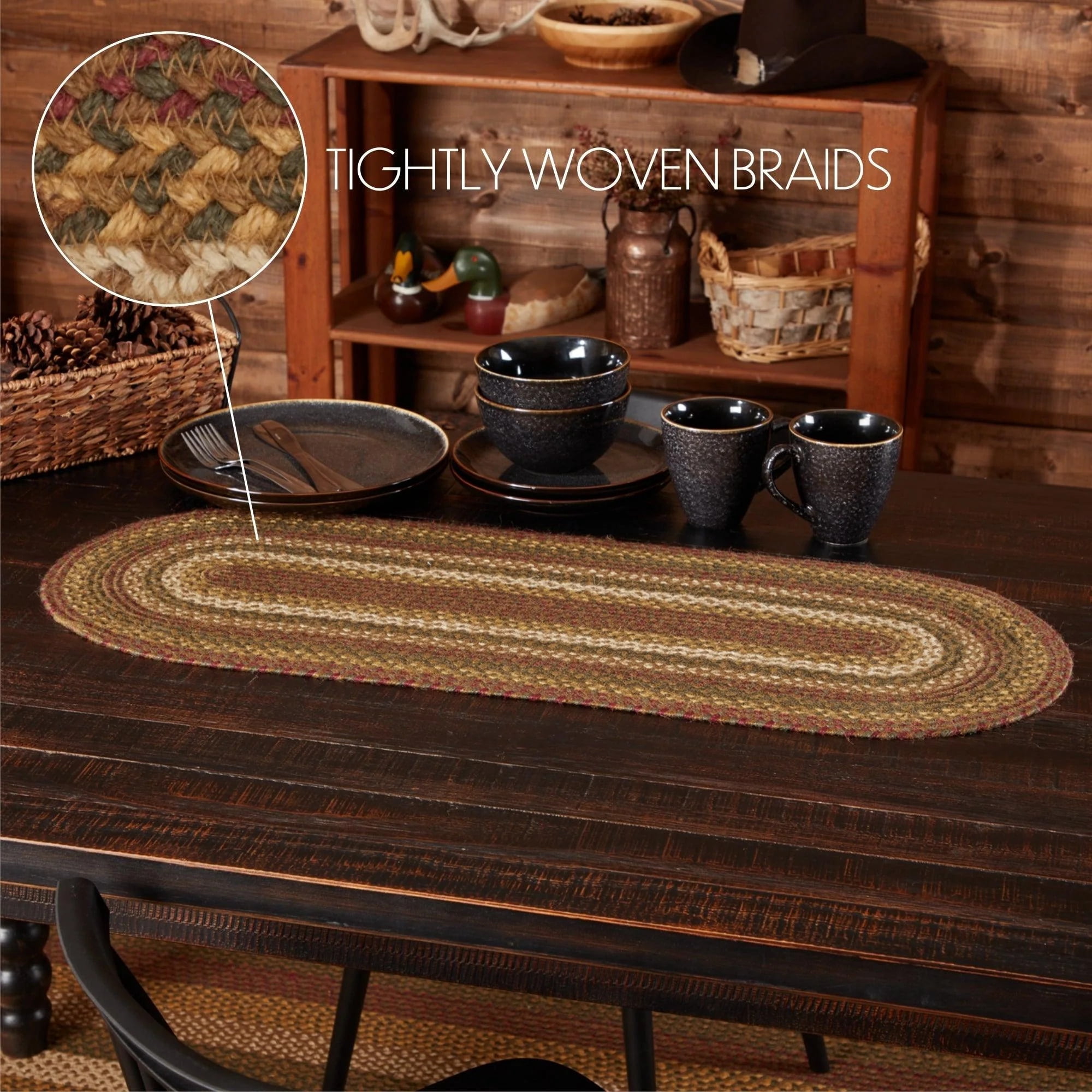 VHC Brands Tea Cabin Rustic Jute Green Textured Striped Oval Kitchen Table Decor Runner 13"x36"