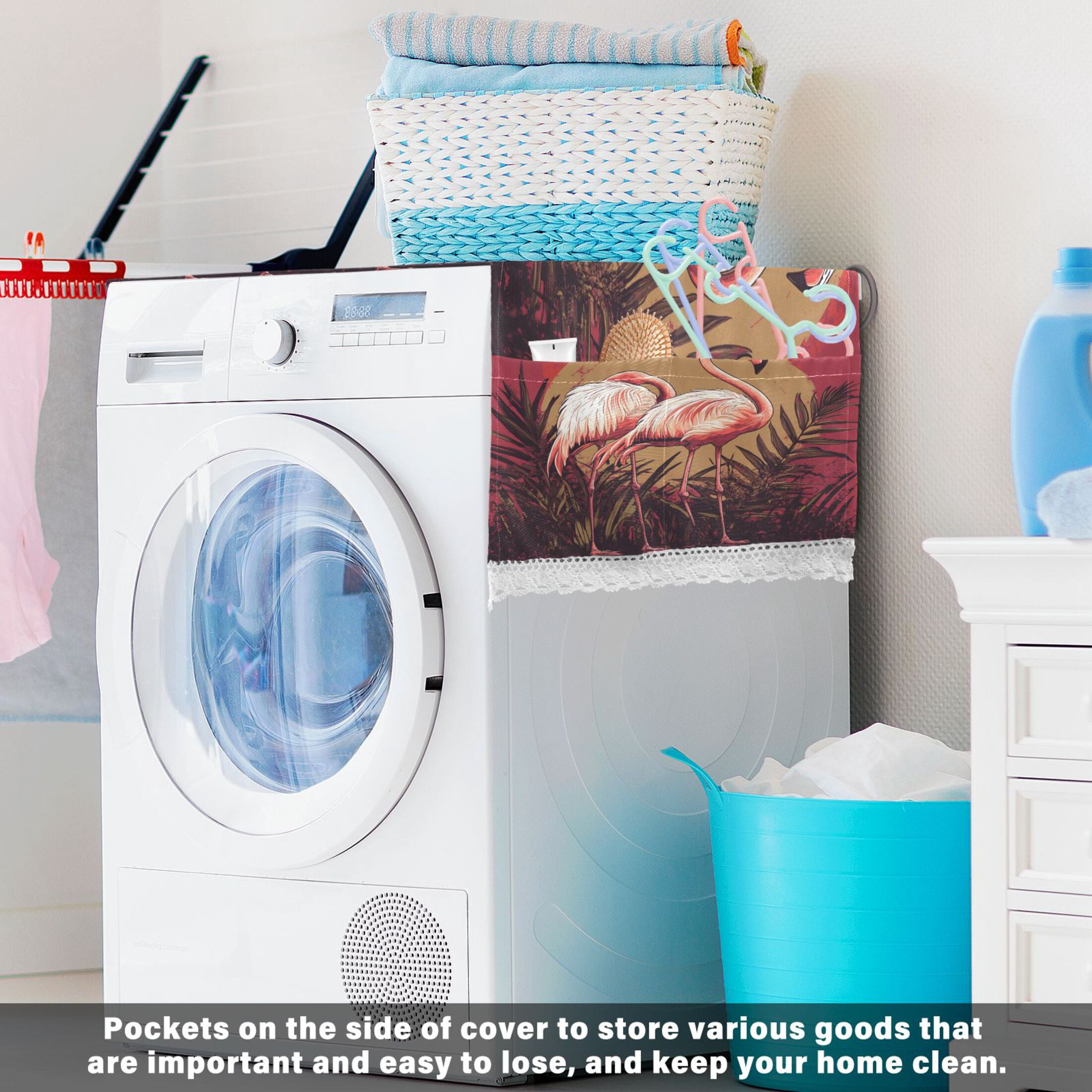 Washing Machine Cover 51.2x22in, Durable Polyester Dust Cover with Lace Trim and Side Pocket for Appliances Sunset Flamingo Pattern