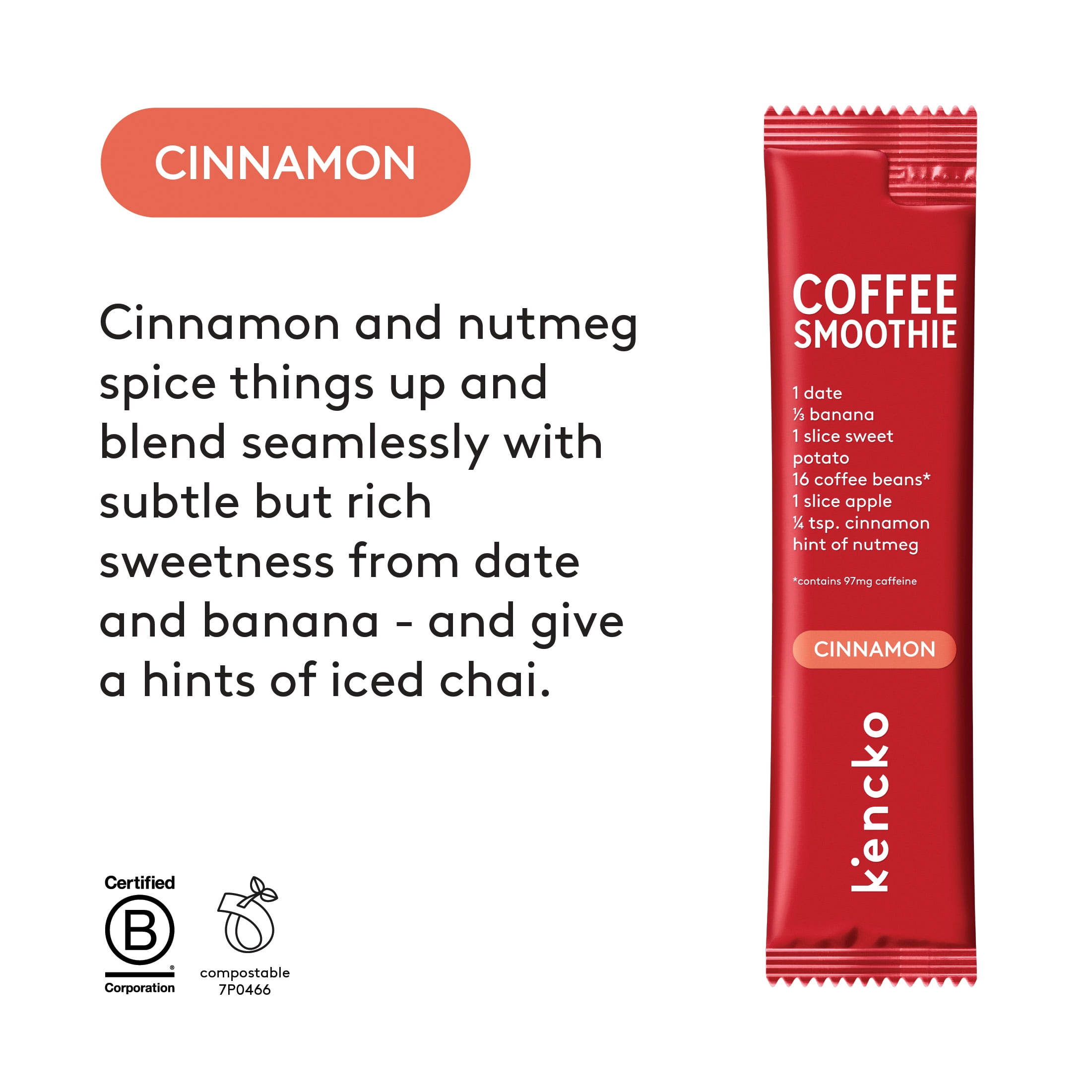 Kencko Cinnamon Instant Coffee Smoothie, Powdered Drink Mix, .81 oz, 6 Pack