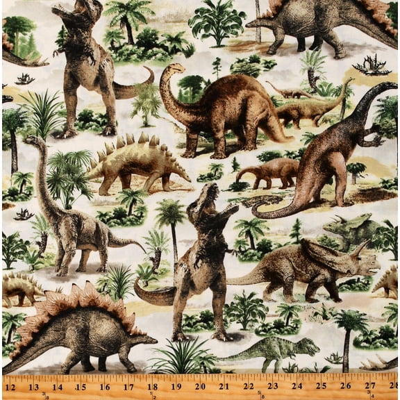 Cotton Dinosaurs Animals Prehistoric Ancient Landscape Cream Cotton Fabric Print by the Yard (DINO-C7816-MULTI)