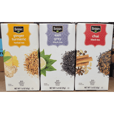 Benner Tea Co Assorted Tea Bags Ginger Turmeric, Earl Grey, Chai 1.41oz 39g (3 Boxes)