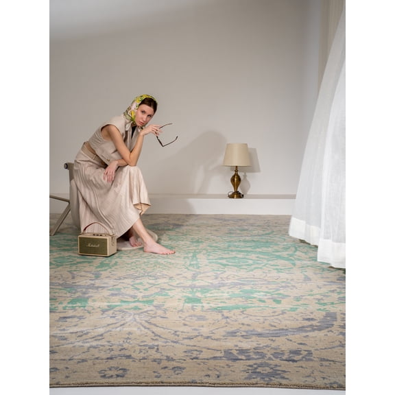 Rugsotic Carpets Hand Knotted Wool Area Rug 4'x6' Green Beige Oriental Rectangle Indoor Rug for Living Room, Bedroom Antimicrobial HM0008