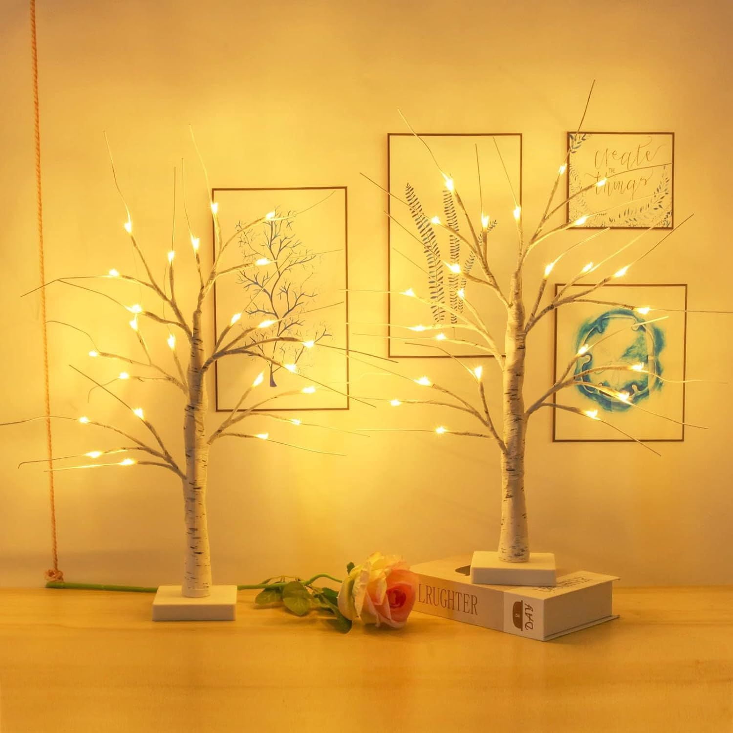 4-Pack 2FT Lighted Birch Tree with Timer for Christmas Decorations Indoor, Artificial Birch Tree with 48 LED Warm White Lights, Fairy Light Tabletop Centerpiece Tree for Christmas Winter