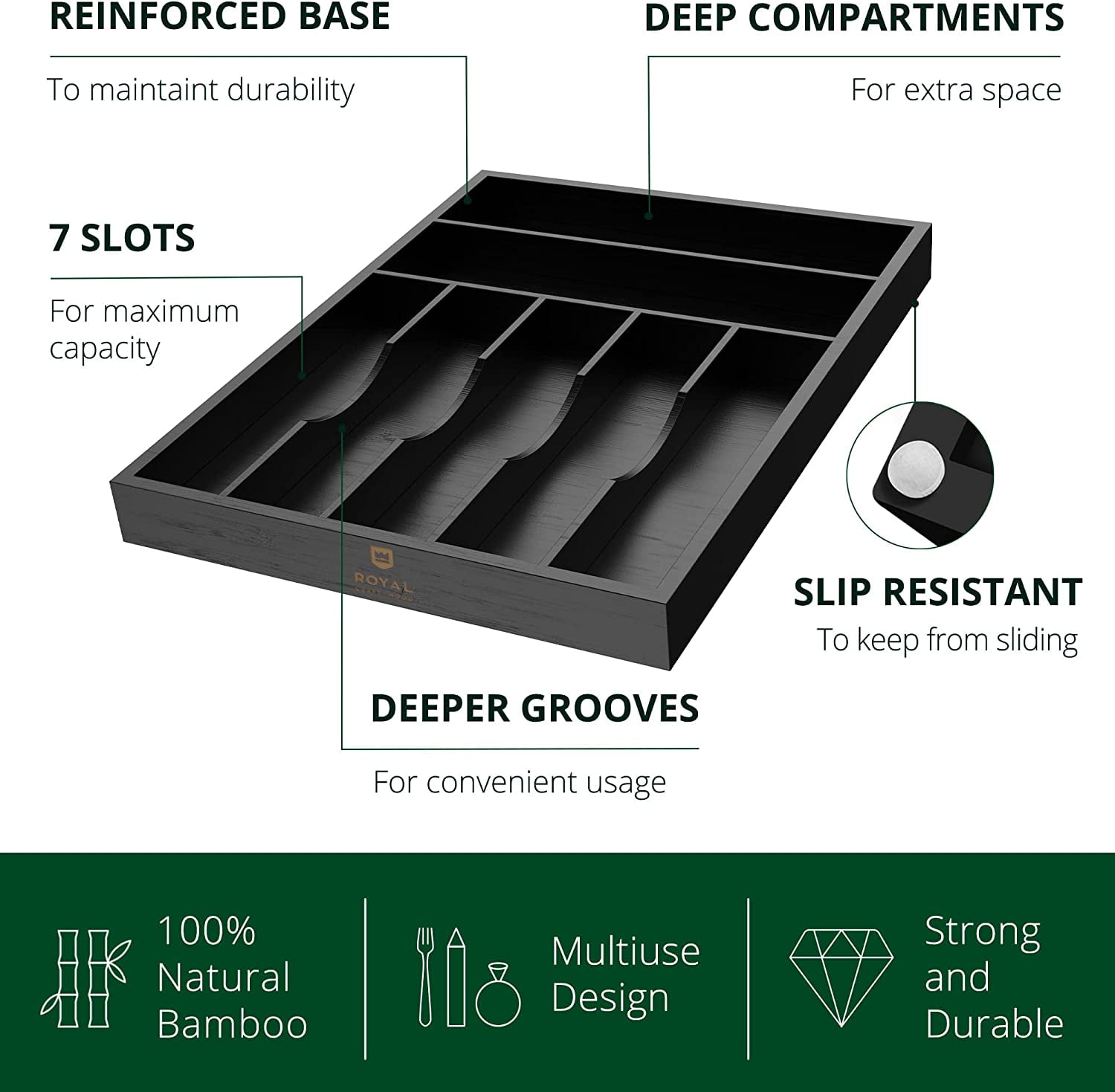 Royal Craft Wood Bamboo Kitchen Drawer Organizer Tray – Silverware Drawer Organizer and Utensil Holder for Flatware, Cutlery & Kitchen Storage (7 Slot, Black)