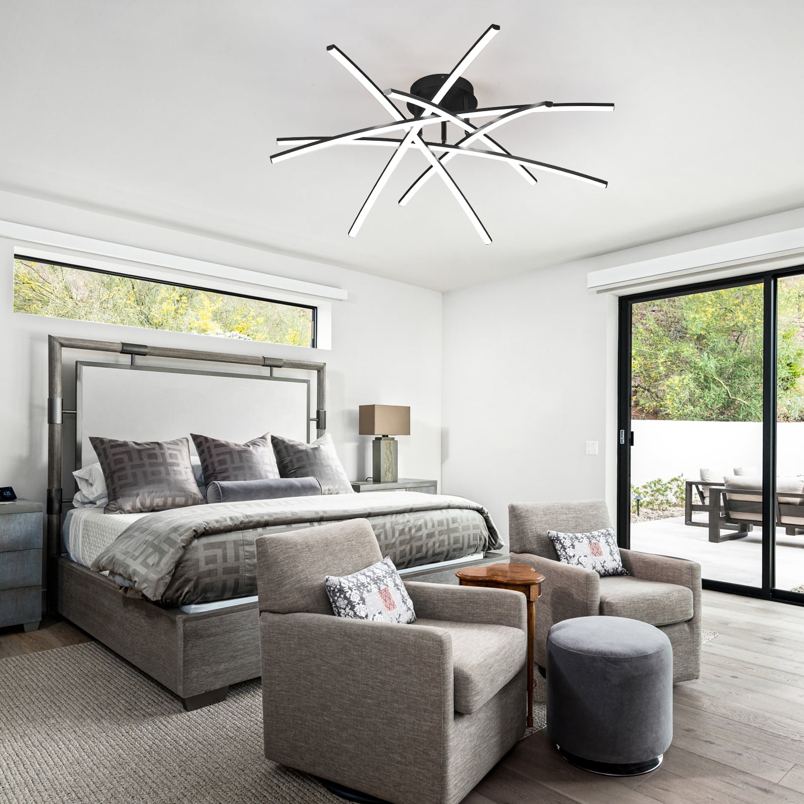 Black LED Chandelier Semi Flush Mount Ceiling Light, 65W Remote Control Ceiling Lighting Fixture for Living Room Dining Room Kitchen Bedroom 32.8” Close to Ceiling Light Dimmable 3000K-6000K