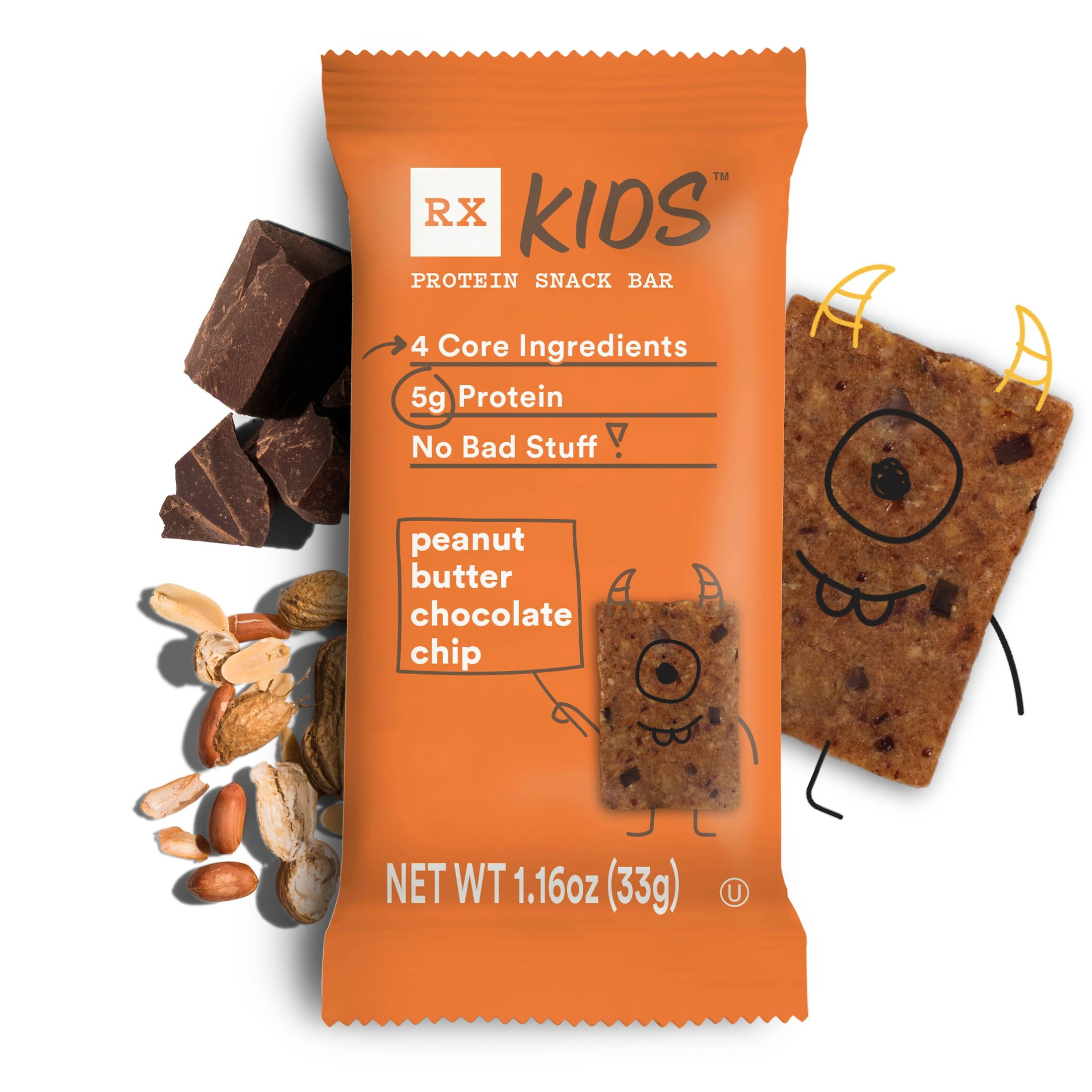RX Kids Gluten-Free Peanut Butter Chocolate Chip Chewy Protein Snack Bar, Delicious Flavor, 5.8 oz, 5 Count