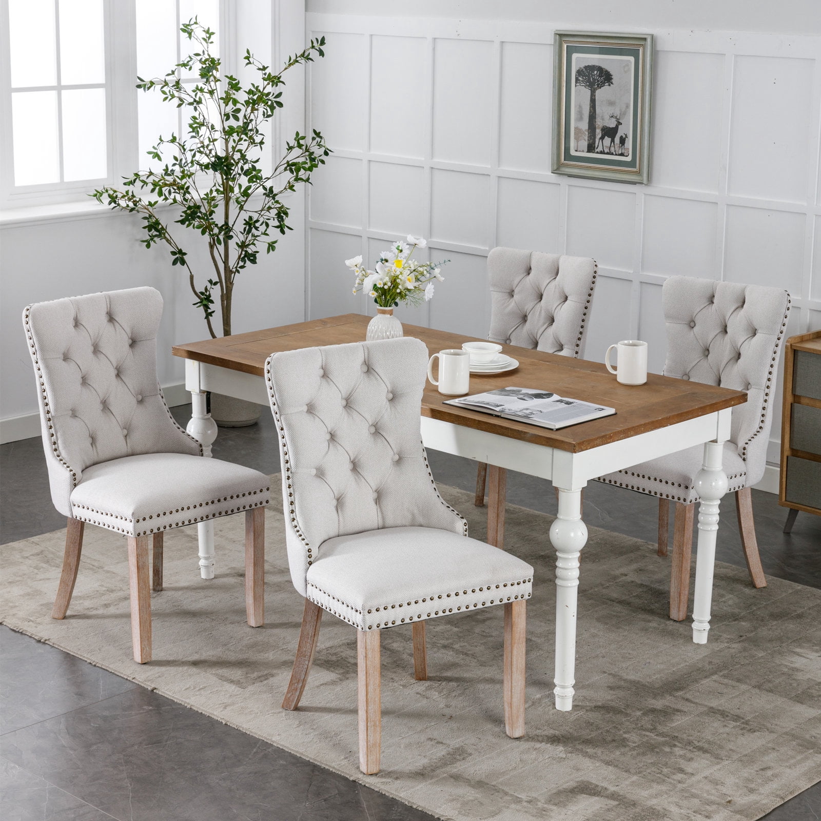 MAYEERTY Modern High-End Tufted Dining Chair - Solid Wood, Flax Upholstery, Wood Legs, Nailhead Trim, Gray, 2-Pcs Set