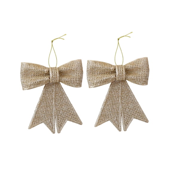 Sequin Bow Christmas Tree Ornaments, Set of 2, Champagne Gold, for Holiday Hanging, Christmas Decorations