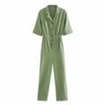 thumbnail image 2 of HAPIMO Women's Wide Leg Cotton Linen Jumpsuit Relaxed Solid Button Short Sleeve Lapel Trousers Fashion Casual Daily Green S, 2 of 4