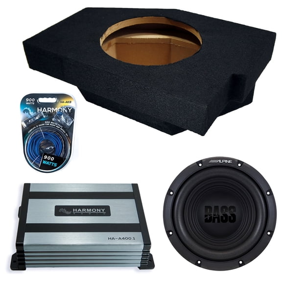 Harmony Audio Alpine fits 02-15 Dodge Ram Quad or Crew Cab W10S4 Single 10" Subwoofer 250W Sealed Sub Box | HA-A400.1 Amplifier, 8GA Amp Kit