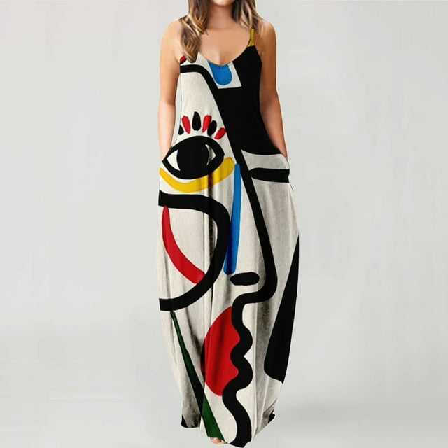 Lenago Robe de Maternité Grande Taille Femme Décontractée Grande Taille Imprimée Sans Manches avec Poches Maxi Longue Robe Été Plage Robes en Liquidation