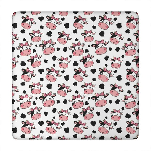 White Cow Bow Pattern Square Fitted Tablecloth with Elastic Edge,Square Table Cover,Washable Elastic Table Cover for Home Kitchen Party Decor 34in(86cm)