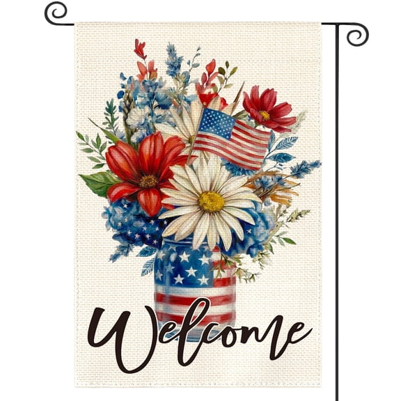 Sm:)e Welcome Floral Vase Patriotic Fourth of July Garden Flag 12x18 Inch, Double Sided