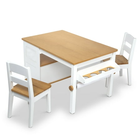 Melissa & Doug Wooden Art Table and 2 Chairs Set Kids Furniture for Playroom  Light Woodgrain and White 2-Tone Finish