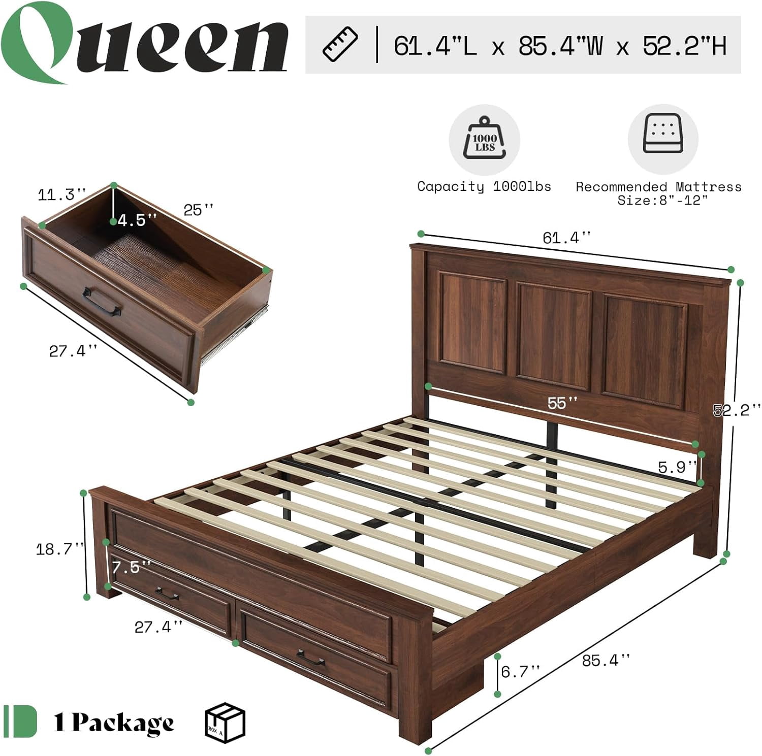Merluxy Queen Size Farmhouse Bed Frame with 52.2" Wood Headboard & Storage Drawers, Rustic Brown