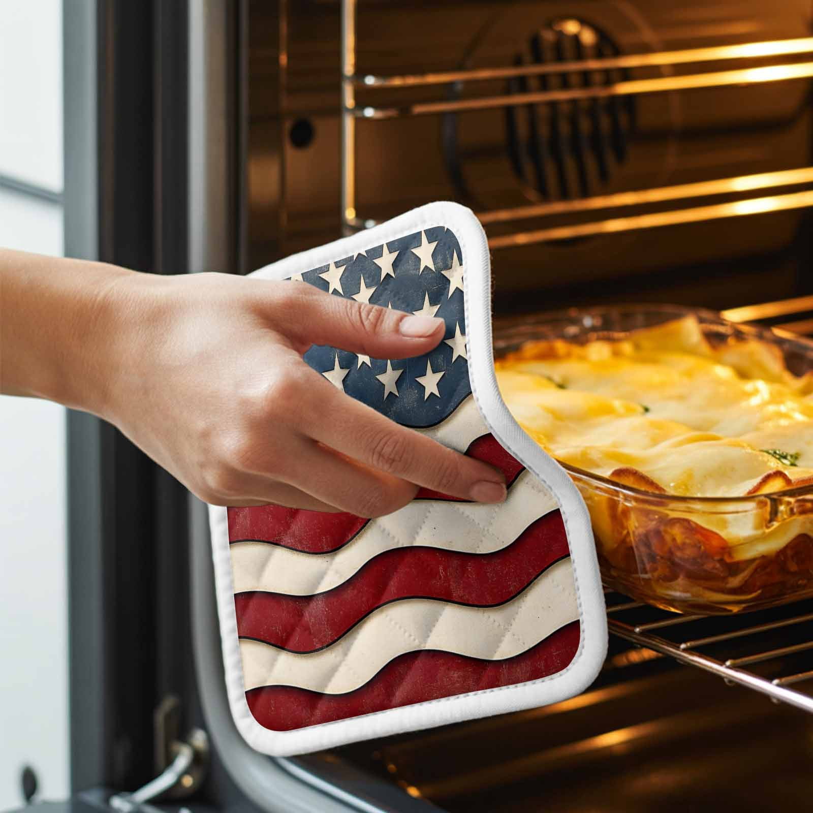 Retro American Flag Pot Holders for Kitchen Heatproof Potholder, 5 Pack White Star Red Blue US Flag Hot Pads Multipurpose Oven Pads Cloth Potholders Trivet for Cooking Baking