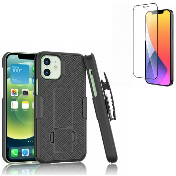 Case Belt Clip & Screen Protector for iPhone 12 Pro Max - Combo with Holster Swivel Cover Kickstand & Anti-Glare Tempered Glass Matte 3D