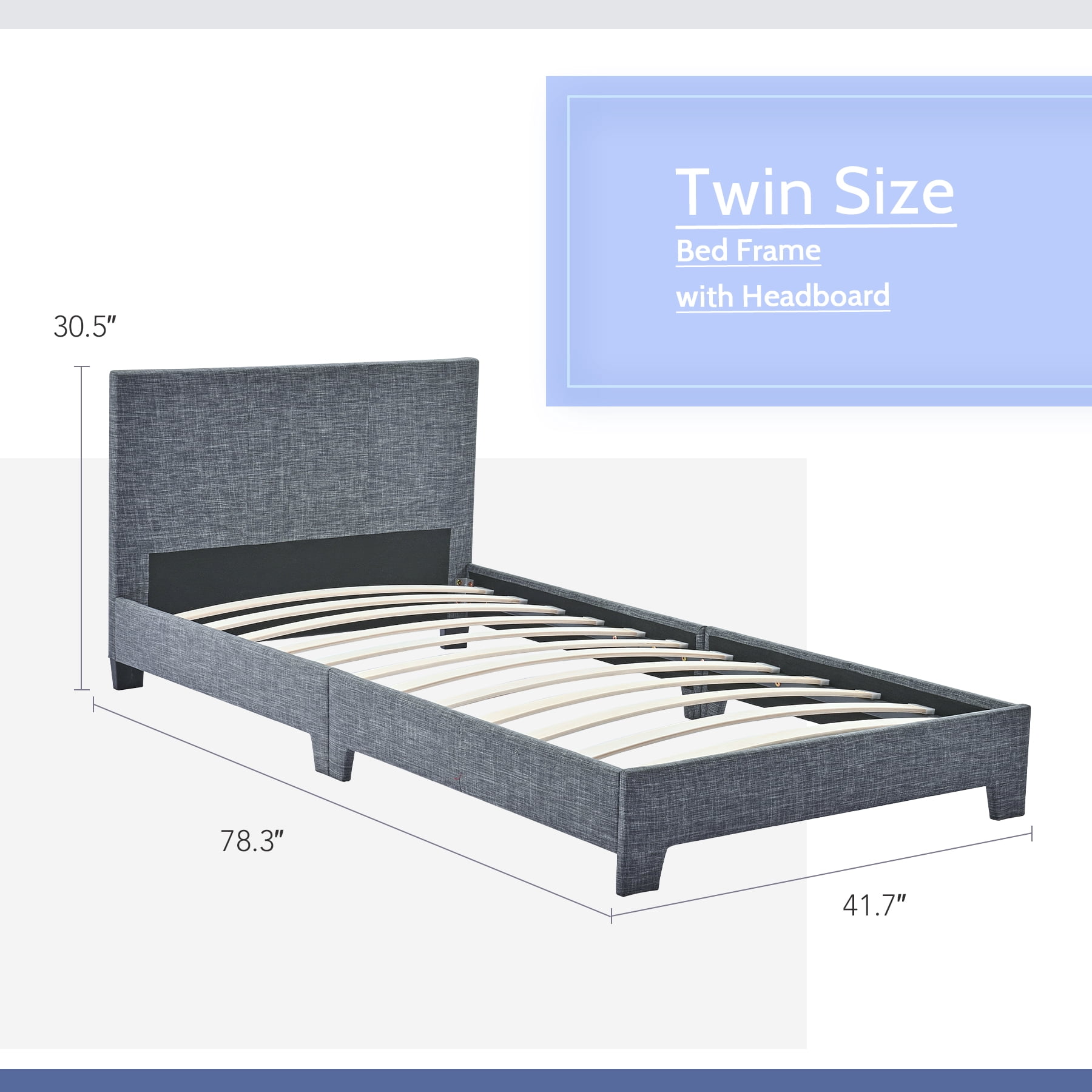 Vonluce Upholstered Platform Bed Frame with Headboard and Slats, Twin Size, Gray