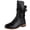 Black, variant on Womens Stud Rivet Round Toe Mid Calf Combat Boots, Rear Corset Lace Up Low Block Heel Leather Riding Booties Black 5.5(36)