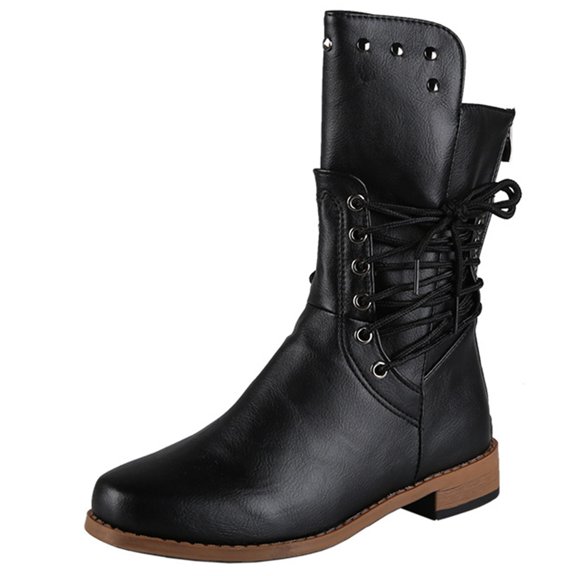 J-596 Black Ladies Chunky Heel Mid Calf Boots Round Toe Lace Up Casual Winter Fall Shoes For Daily Walking