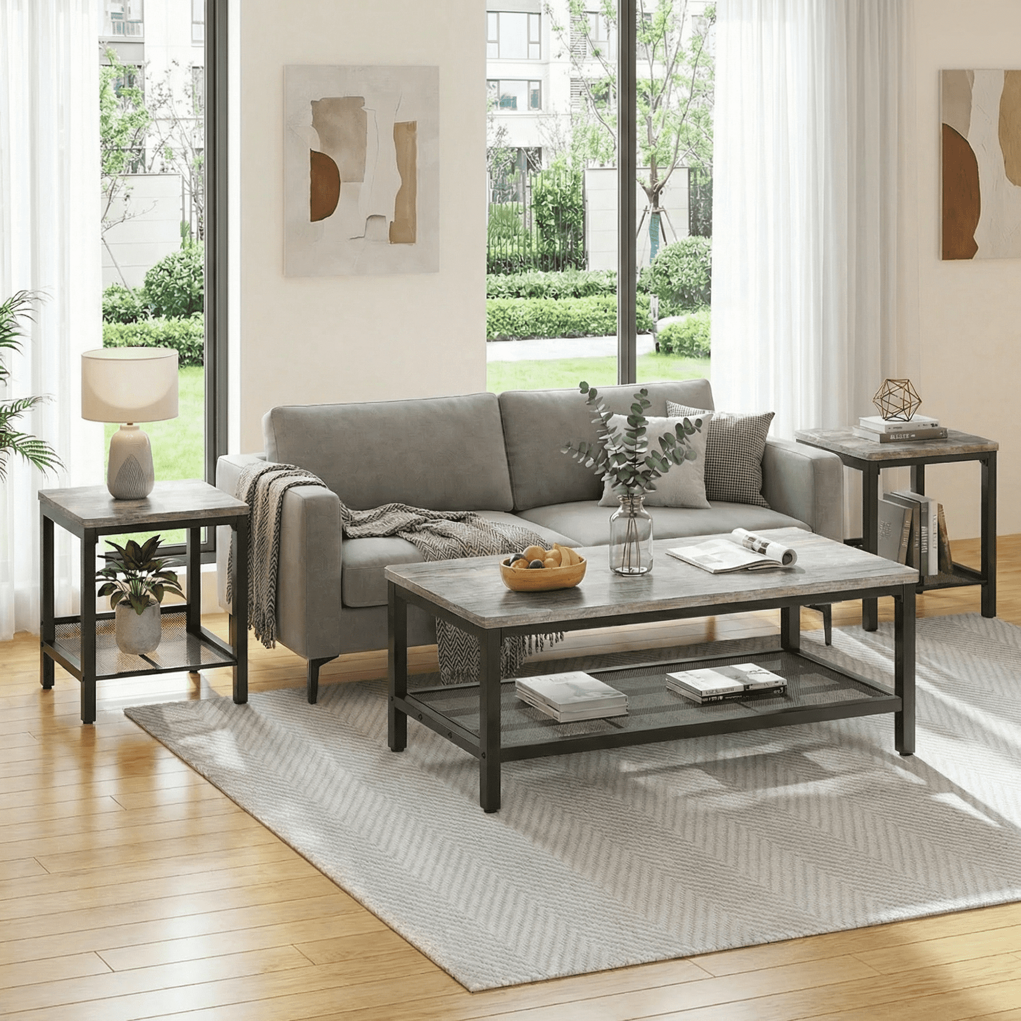 MIERES Living Room Coffee Table Set, Coffee Table and Side Table Combination, Metal Frame Coffee Table Set, Suitable for Living Rooms, Apartments, Offices, Farmhouse Gray