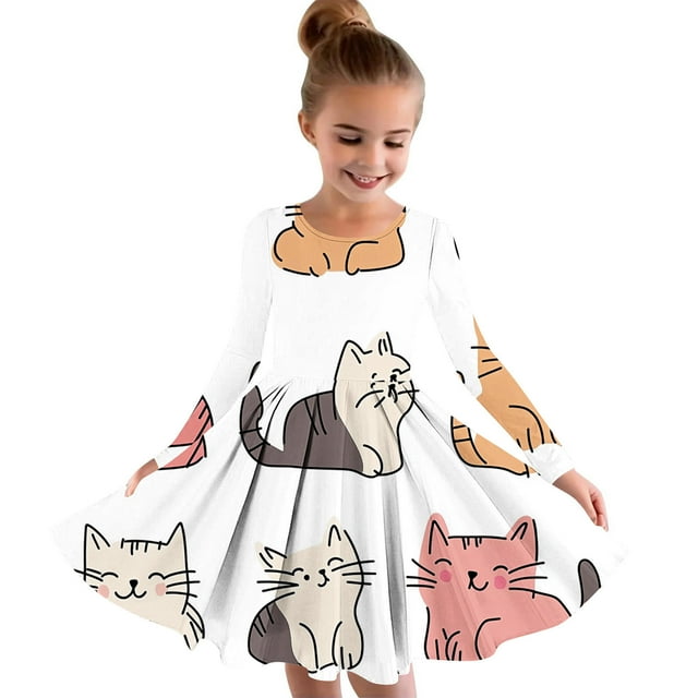 Odeerbi Niñas Vestido de Patinadora Dibujos Animados Vestidos de Princesa 4-14 Años Niños Graffiti Impreso Cuello Redondo Vestido de Manga Larga