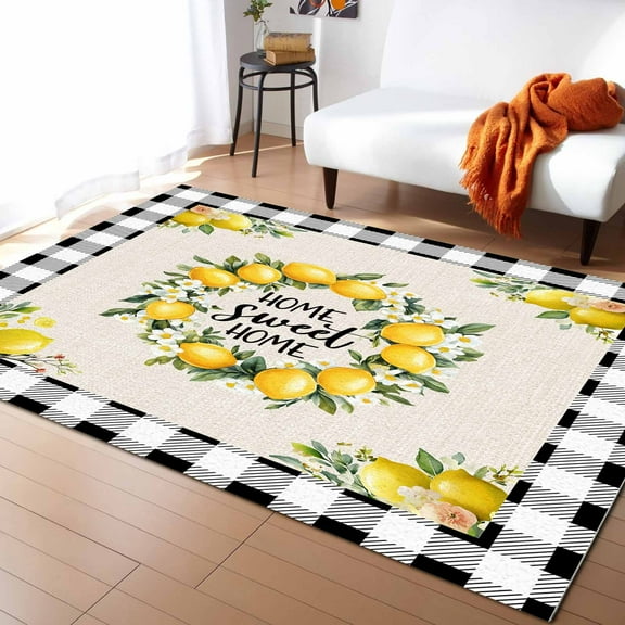 Area Rugs Indoor Non-Slip Rectangle Rug 4x6 Ft Country Farm Fruit Yellow Lemon Linen Texture Rug Rubber Backing Floor Mats Non Shedding Home Decor Carpet for Entryway Living Room