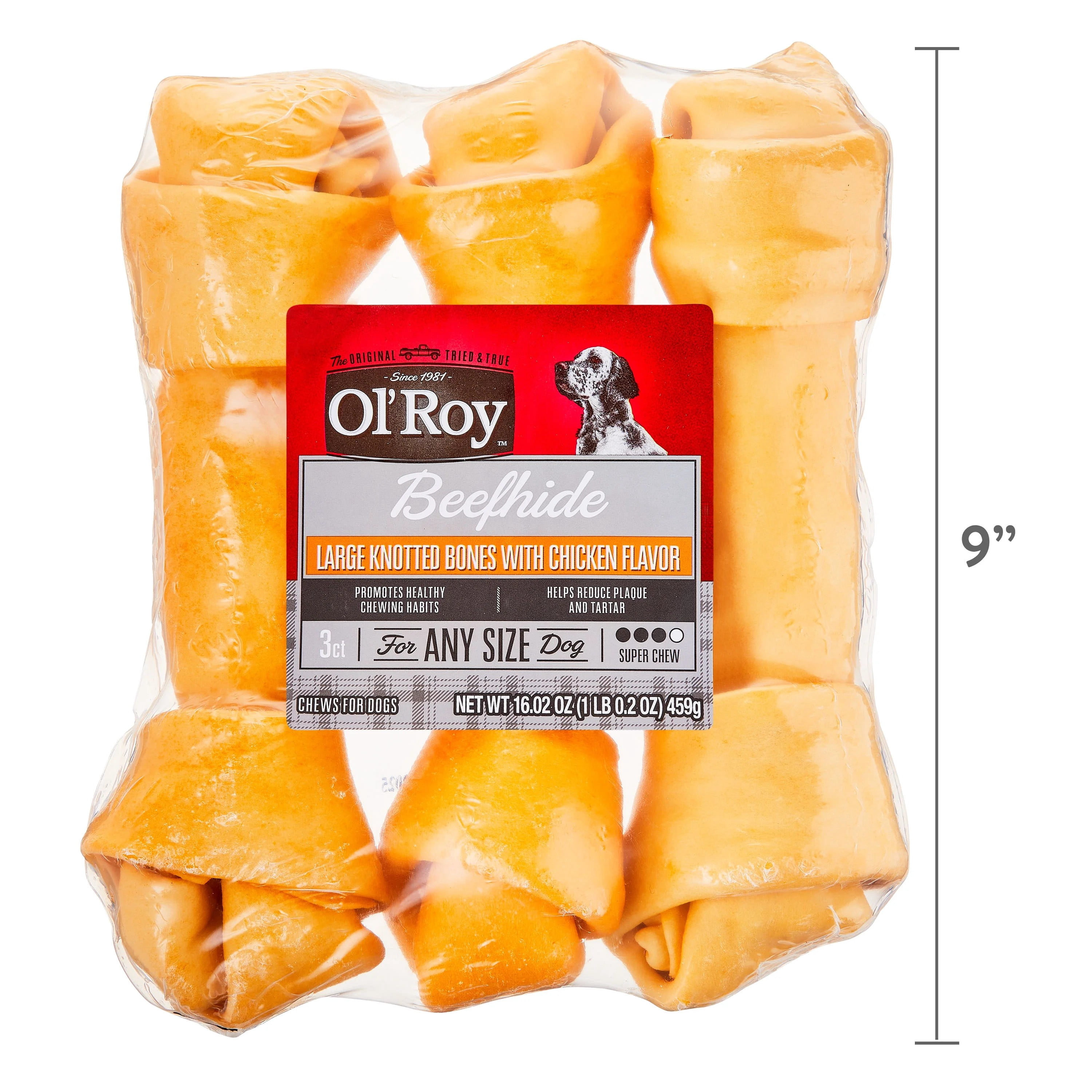 (4 pack) Ol' Roy Rawhide 9-inch Large Knotted Bones Artificial Chicken Flavored Chews for Dogs, Dry, 16.02 oz, 3 Count