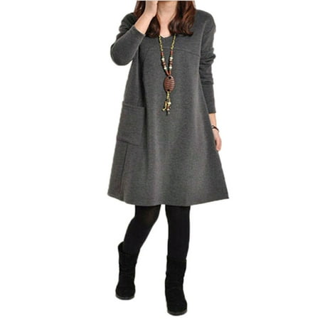 Pocket Dress - Womens V Neck Long Sleeve Pocket Tunic Loose Casual Dresses