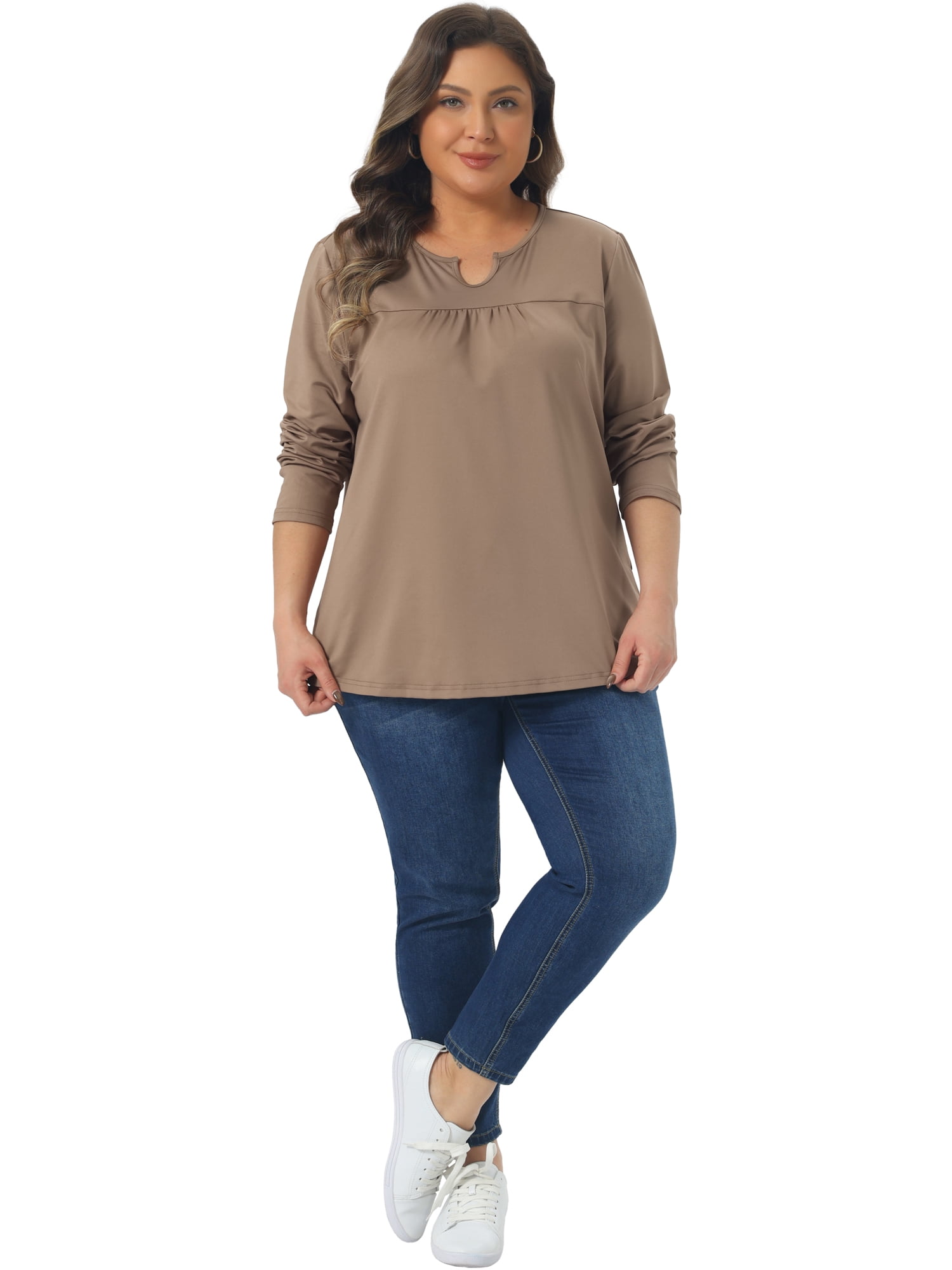 DARING DIVA Women's Plus Size Long Sleeve Notched Neck Loose Tops 4X Khaki