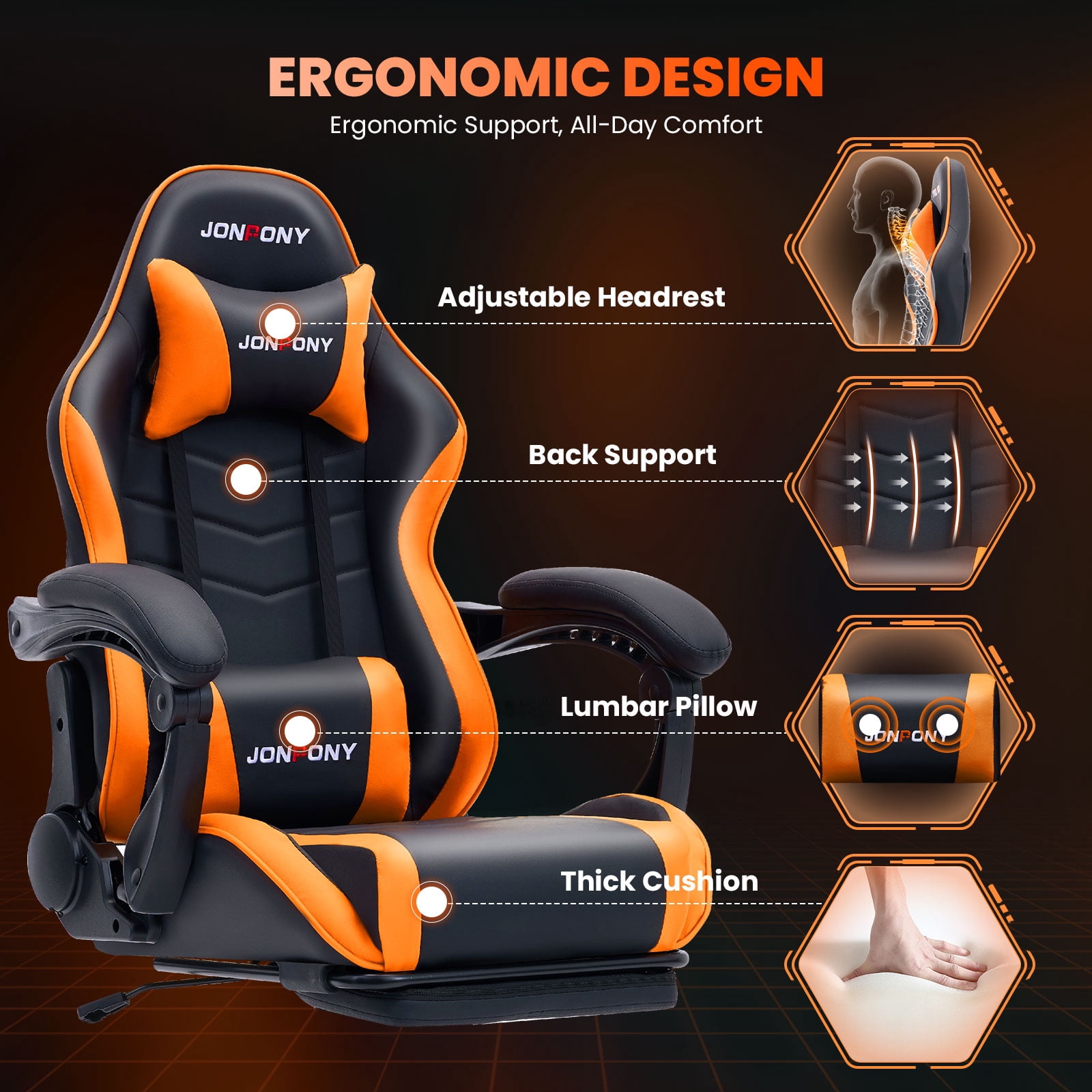 JONPONY Big and Tall 500LBS Gaming Chair, Ergonomic High Back Gamer Chair with Footrest Lumbar Support, PU Leather Office Computer Chair for Long Sitting, Orange
