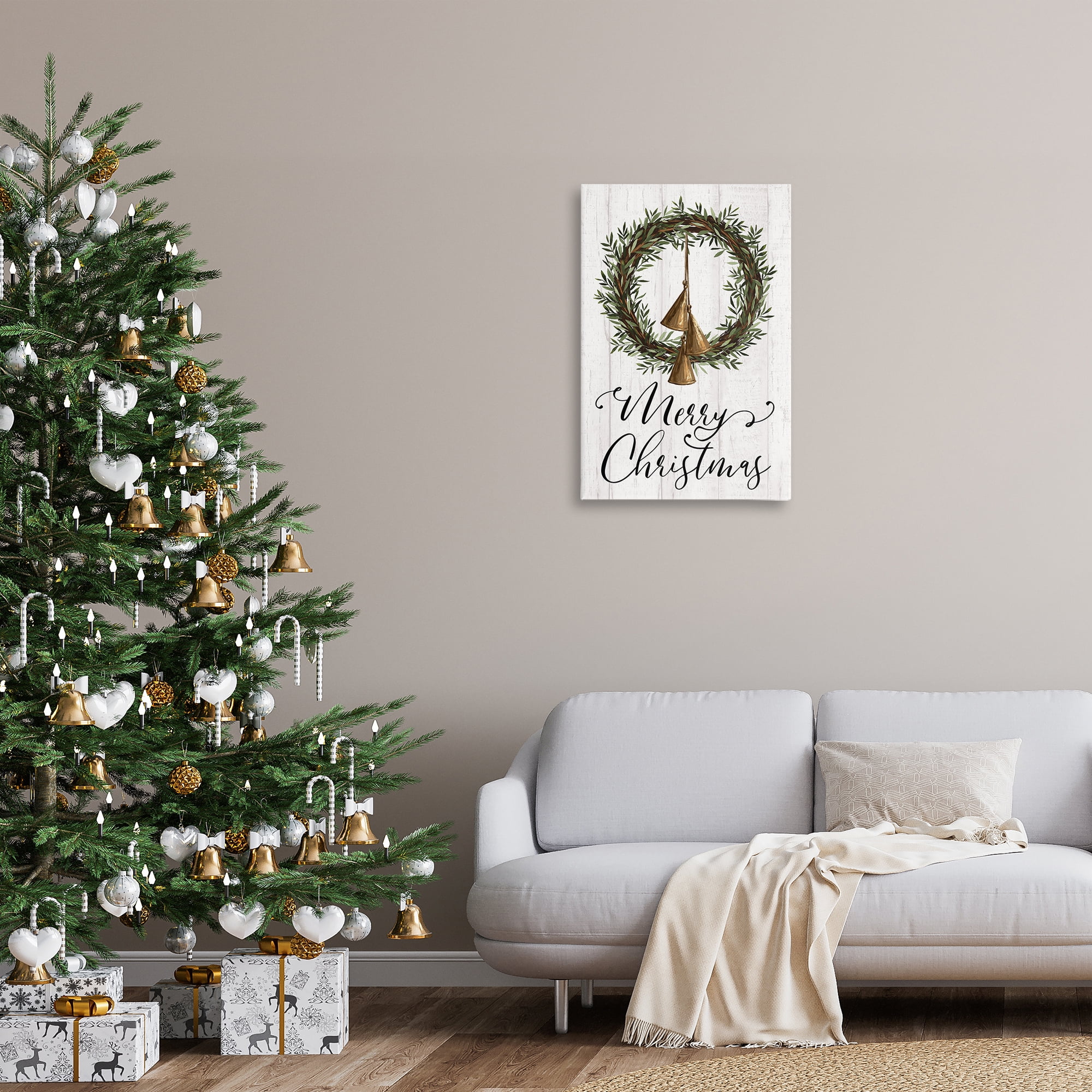 Stupell Industries Christmas Wreath & Bells Holiday Painting Gallery Wrapped Canvas Art Prints Wall Art, 20 x 30