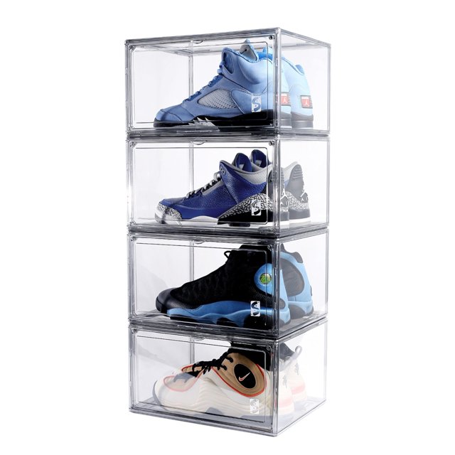 Playoff Box Set de 4 Cajas Para Zapatos Sneakers 100% Transparentes Apilables Apertura Lateral Magnética Resistente Durable | Organizador de Zapatos | Cajas para Tenis | Transparente