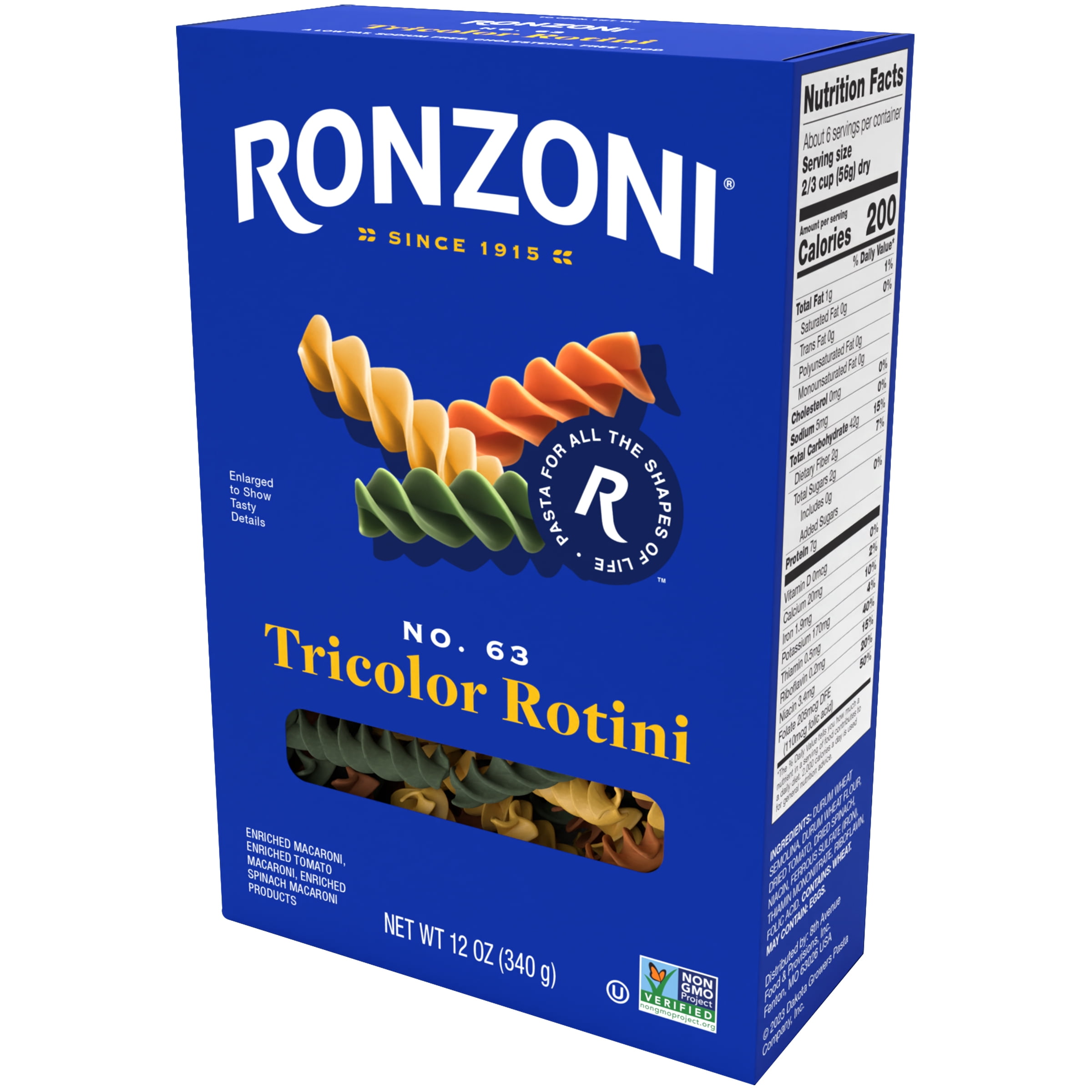 Ronzoni Tricolor Rotini, 12 oz, Colorful Non-GMO Pasta Spirals, (Shelf Stable) Box