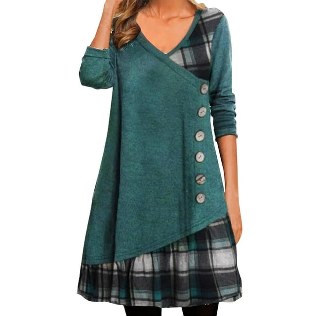 Kcodviy Robe d'Été à Manches Longues pour Femmes, Col en V, Robe Patchwork, Robes Décorées pour Adolescentes, Robe à Boutons à Carreaux