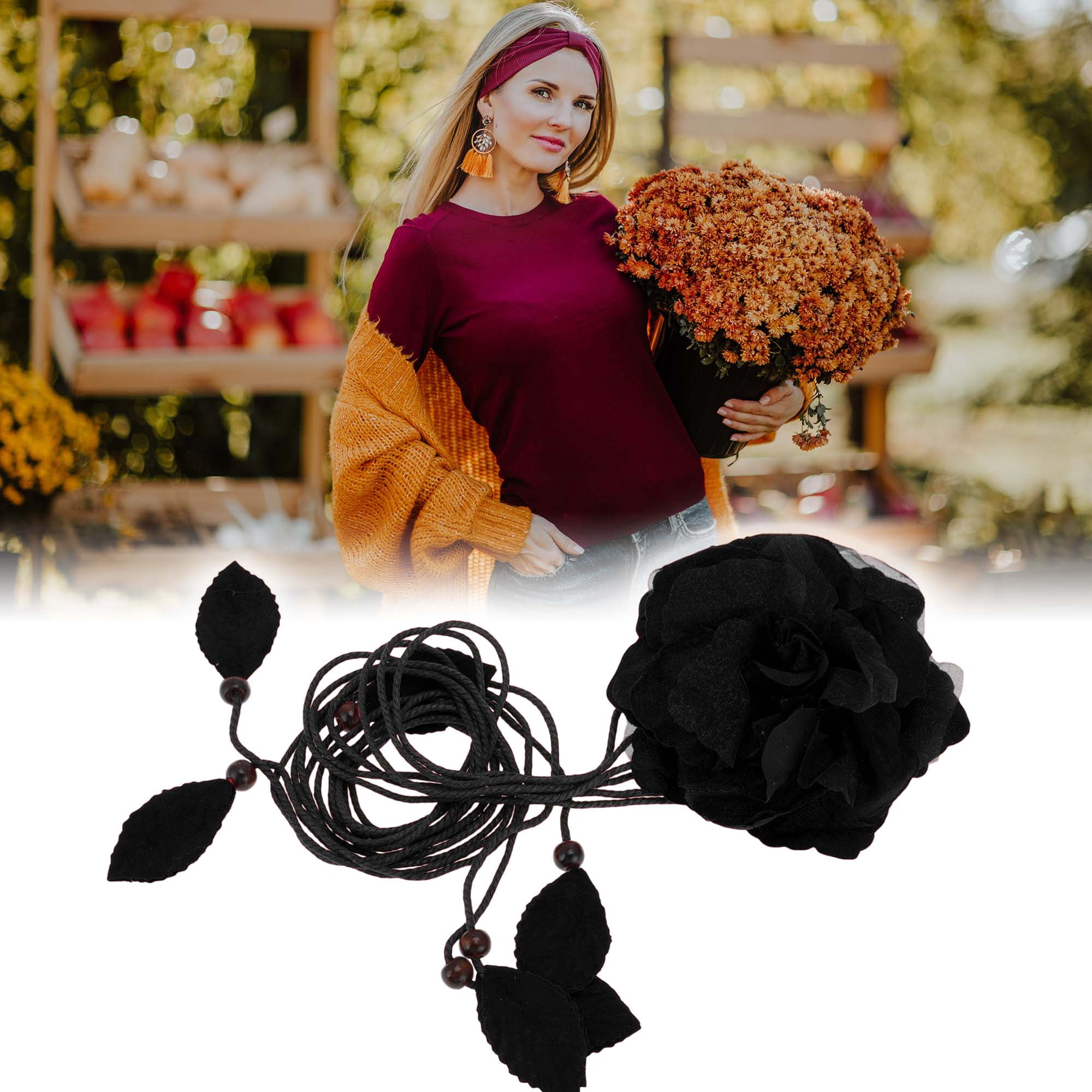 Unique Bargains Flower Tie Adjustable Waist Belt for Women Black