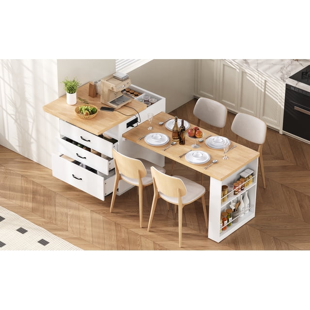 HORIZON Kitchen Island with Casters, Extendable Dining Table with Led Lighting, Kitchen Table with Power Strips, Buffet Table, or Bar Table for The Kitchen and Dining Room (Creamy White + Natural)