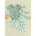 thumbnail image 3 of Yunliwuli Baby Girls Spring Outfits Short Sleeve Bow Front Romper + Flare Pants + Headband Set Newborn Clothes, 3 of 10