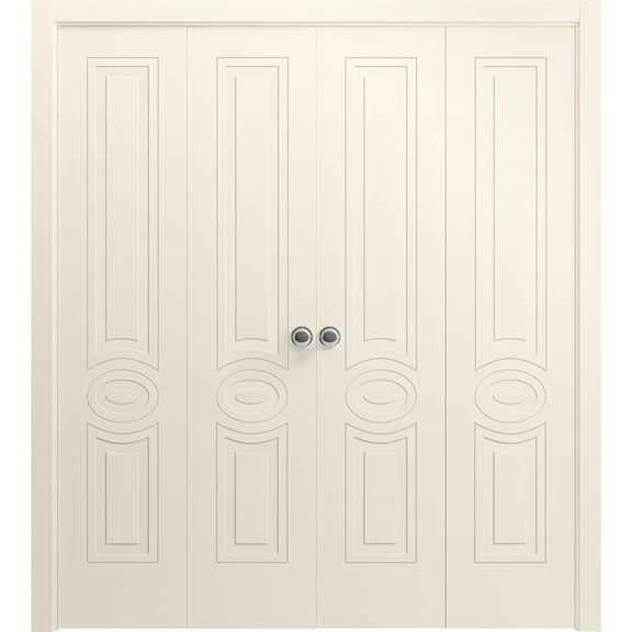 Sliding Closet Double Bi-fold Doors 72 x 80 inches | Mela 7001 Painted Creamy | Sturdy Tracks Moldings Trims Hardware Set | Wood Solid Bedroom Wardrobe Doors