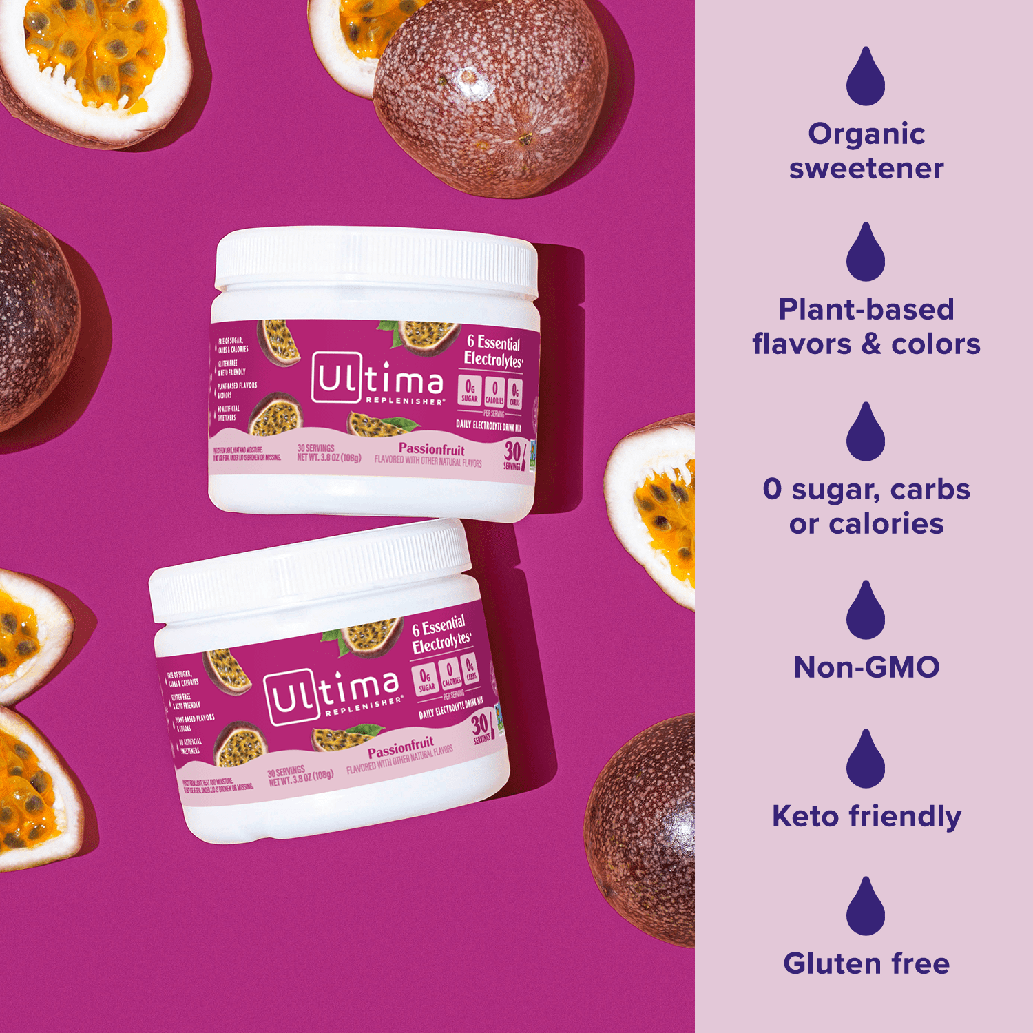 Ultima Replenisher Hydration Electrolyte Powder Drink Mix, Keto Sugar-Free Passionfruit, 30 Servings