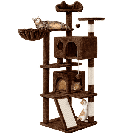 SMILE MART 54" Double Condo Cat Tree with Scratching Post Tower, Brown