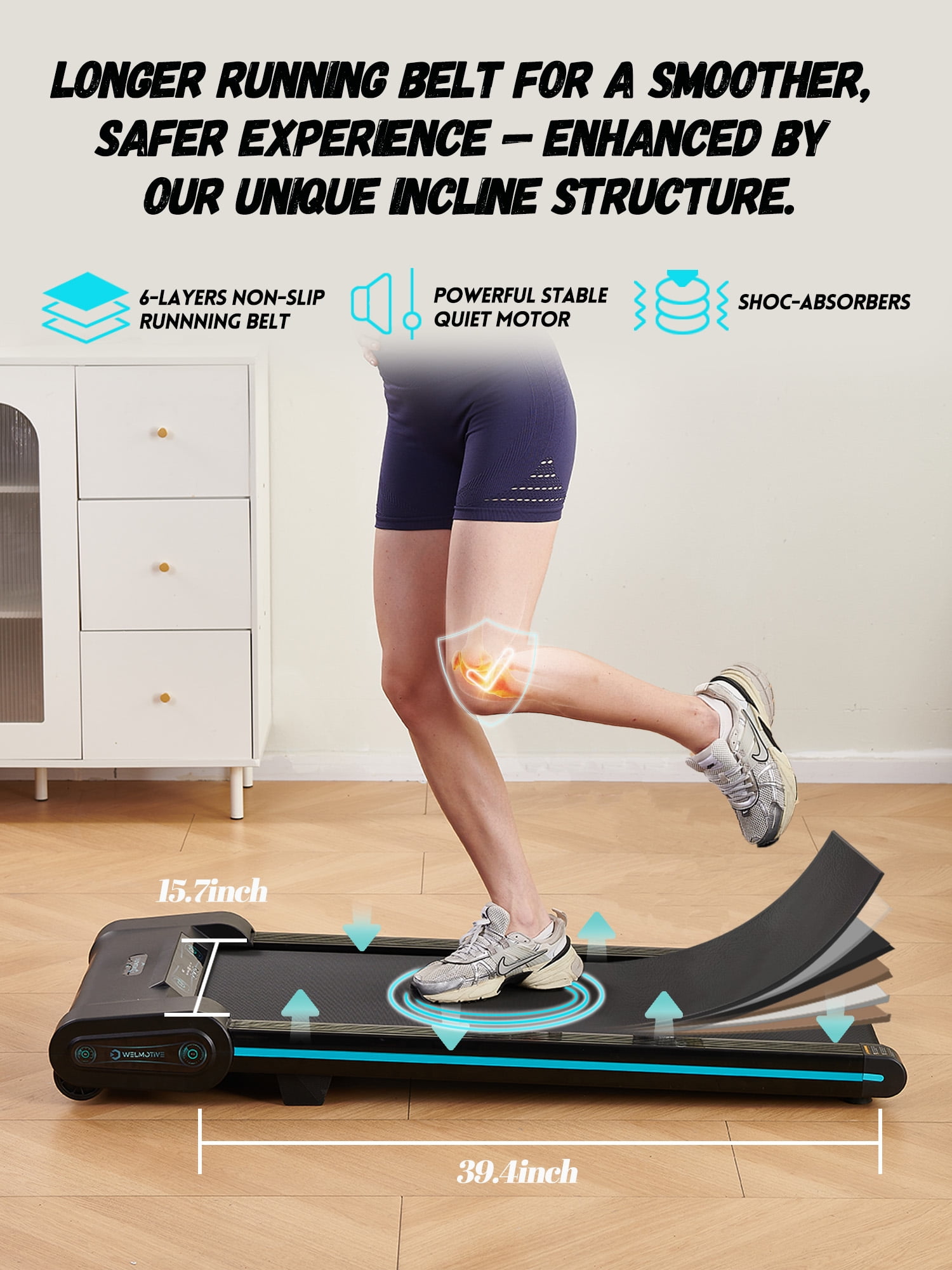 Welmotive Treadmill with Auto Incline Walking Pad Underdesk for Home Office Potable Compact Running Machine Jogging Caminadora para Casa Up to 13% 6 Levels with Remote Control Indoor Fitness Black