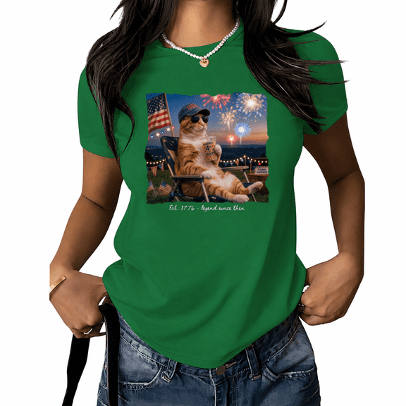 UNISHE Women's Funny 4th of July Cat Graphic Short Sleeve T-Shirt Patriotic American Flag Casual Crewneck Tee