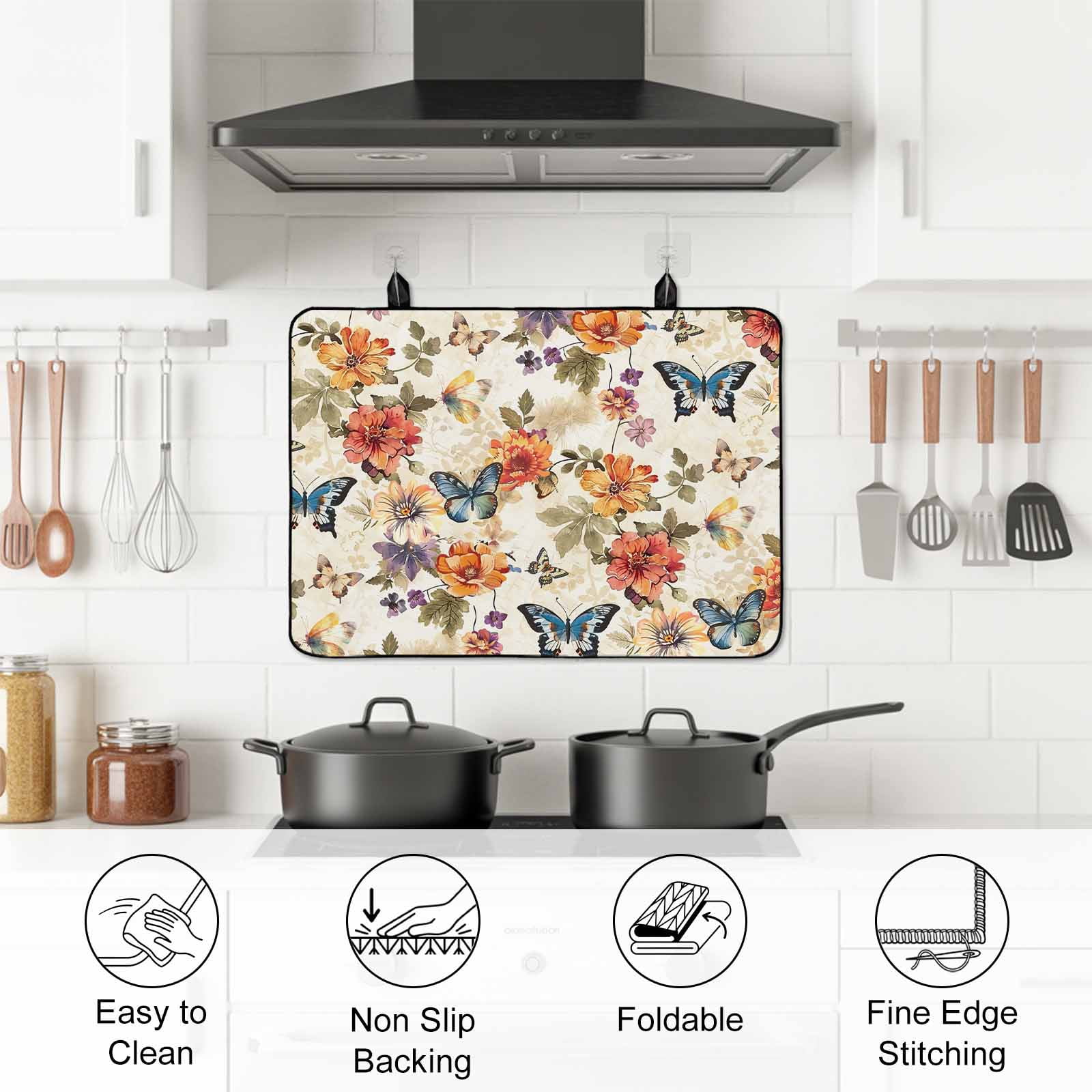 Spring Floral Stove Top Cover for Electric Stove, Heat-proof & Non Slip Glass Top Stove Cover Protector, Colorful Vintage Botanical Butterfly Kitchen Flat Cooktop Rubber Mat 24x21 Inches