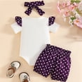thumbnail image 6 of kpoplk Newborn Girls Outfit 3M 6M Fly Sleeve Letter Print Romper Dress Elastic Waist Floral Print Shorts Headband Set 3Pcs Baby Girl Summer Clothes Set Size 9-12 Months,Purple, 6 of 7