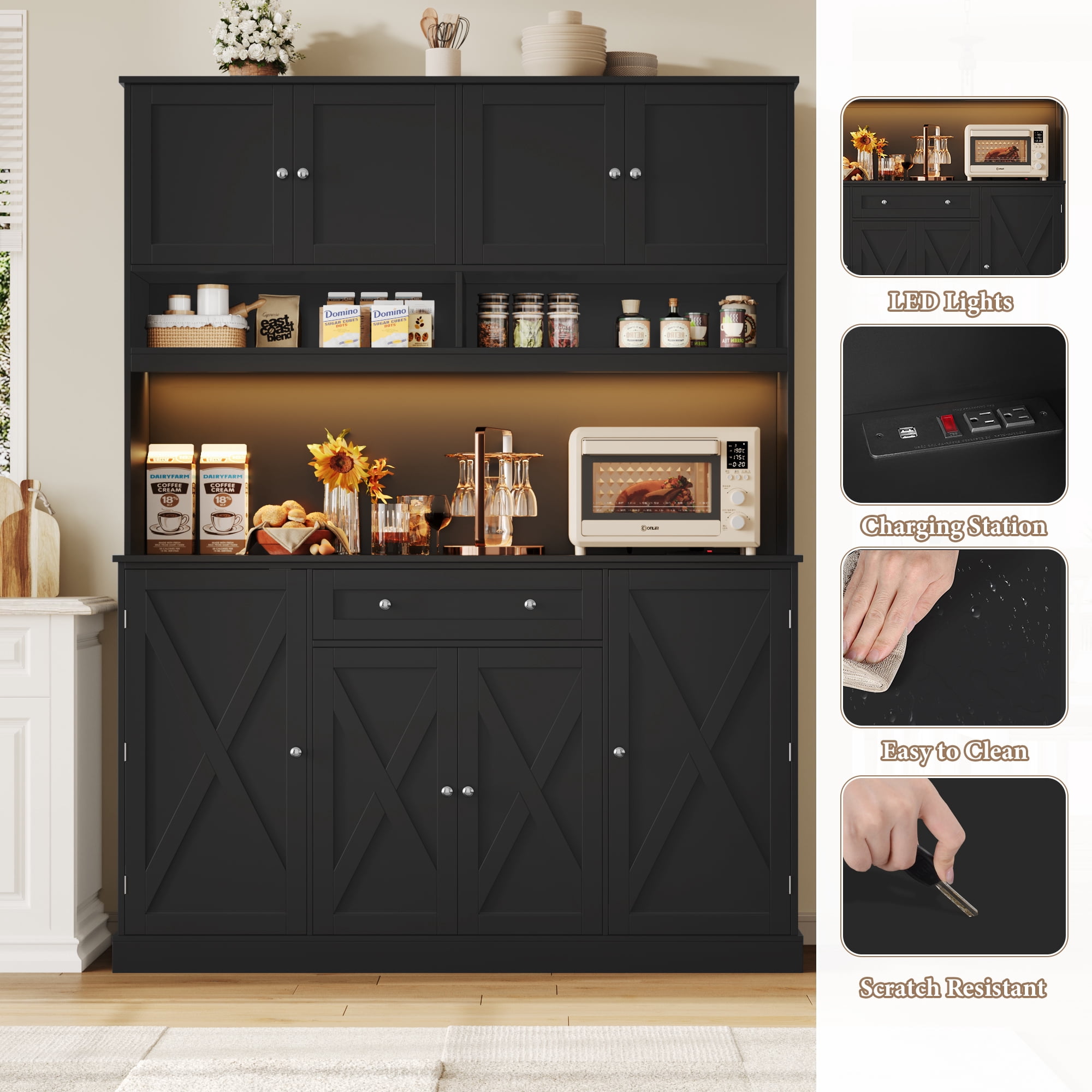 Homfa 72.8'' Tall Kitchen Pantry Cabinet with LED Lights & Charging Station, 8 Doors Storage Cabinet with Drawers & Shelves & Countertop, Kitchen Hutch with Adjustable Shelves for Dining Room, Black