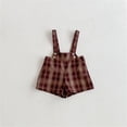 thumbnail image 2 of Krdevn Kids Button Strap Overalls Shorts, Plaid Casual Suspender Shorts for Toddlers,Brown, 2 of 4