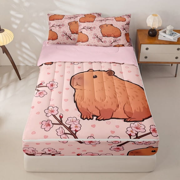 Homewish Kawaii Capybara Kids Zipper Full Size Comforter Sets with Fitted Sheet and 2 Pillowcases, Cherry Blossoms Zipper Bedding Set, Pink Reversible, 4pcs